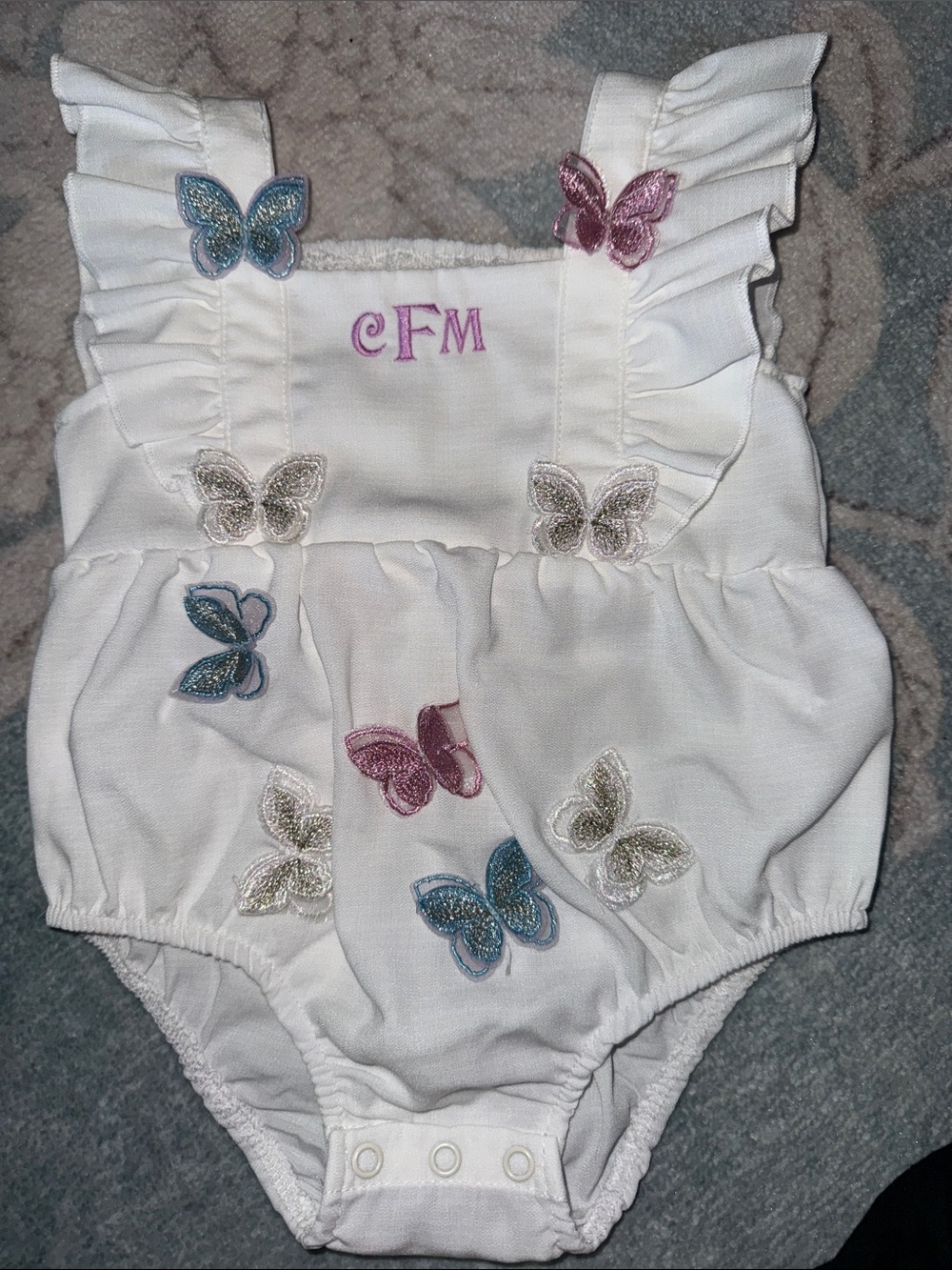 Nordstrom White Baby Bubble Romper with Multicolor Butterfly Appliqués